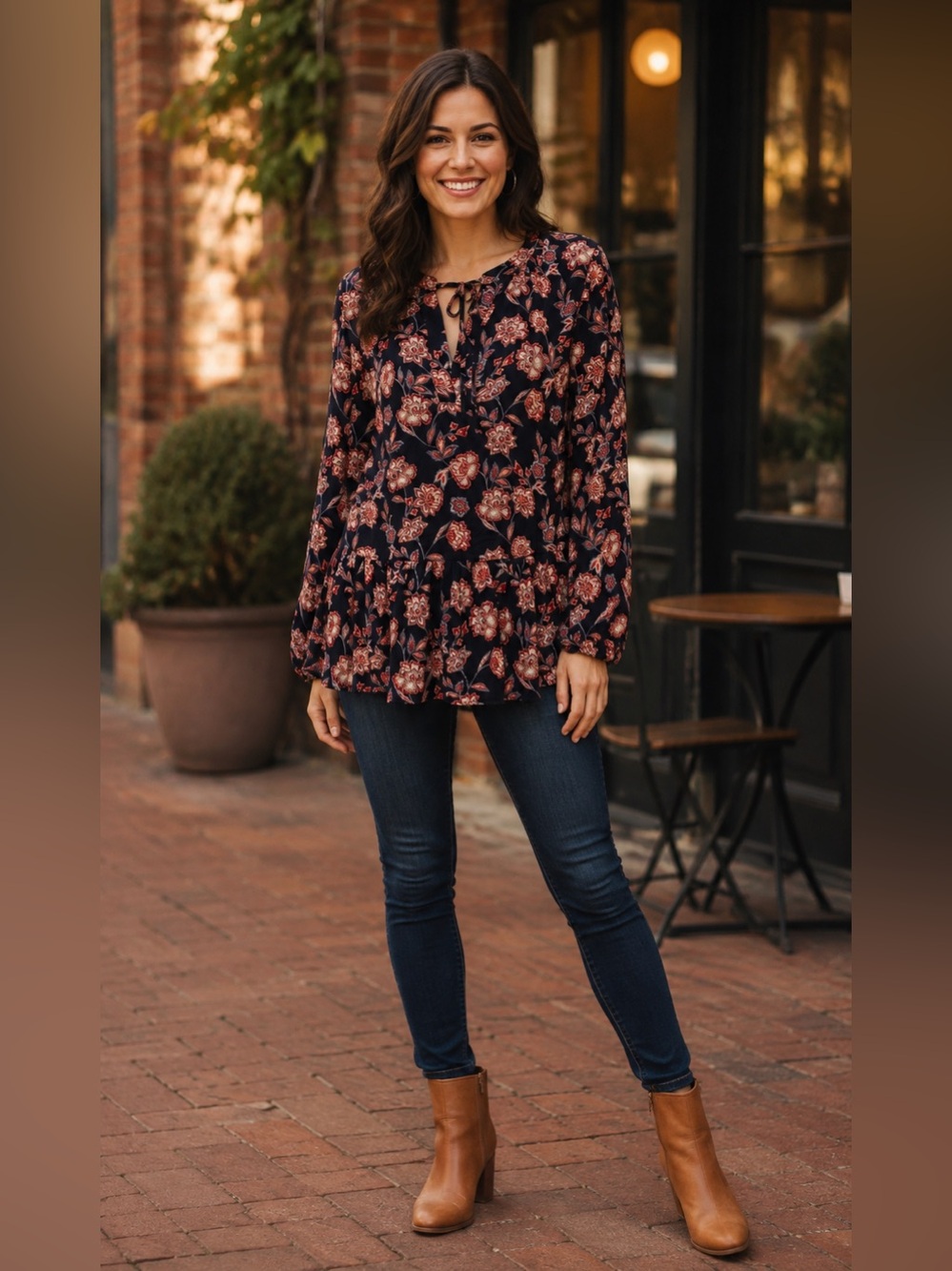 NWT LOFT Floral Tie Neck Peplum Blouse Navy Long Sleeve Size Small